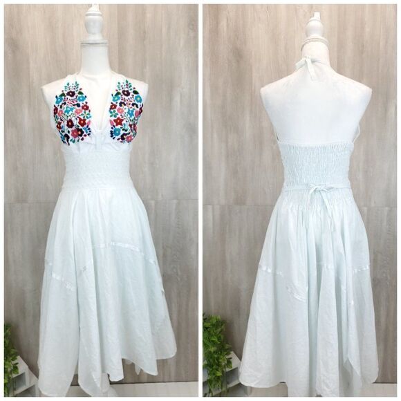 Vintage Gauzy Linen Floral Asymmetrical Midi Dress F-0154 - Picture 1 of 9